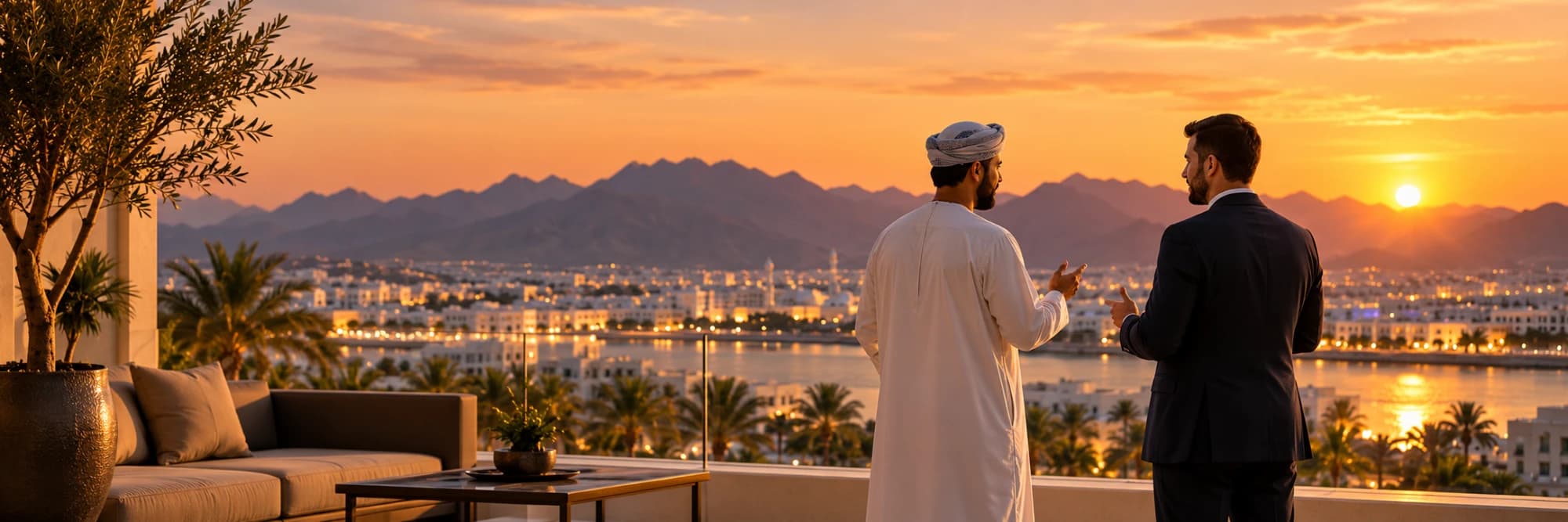 Two men talking at a window overlooking Muscat