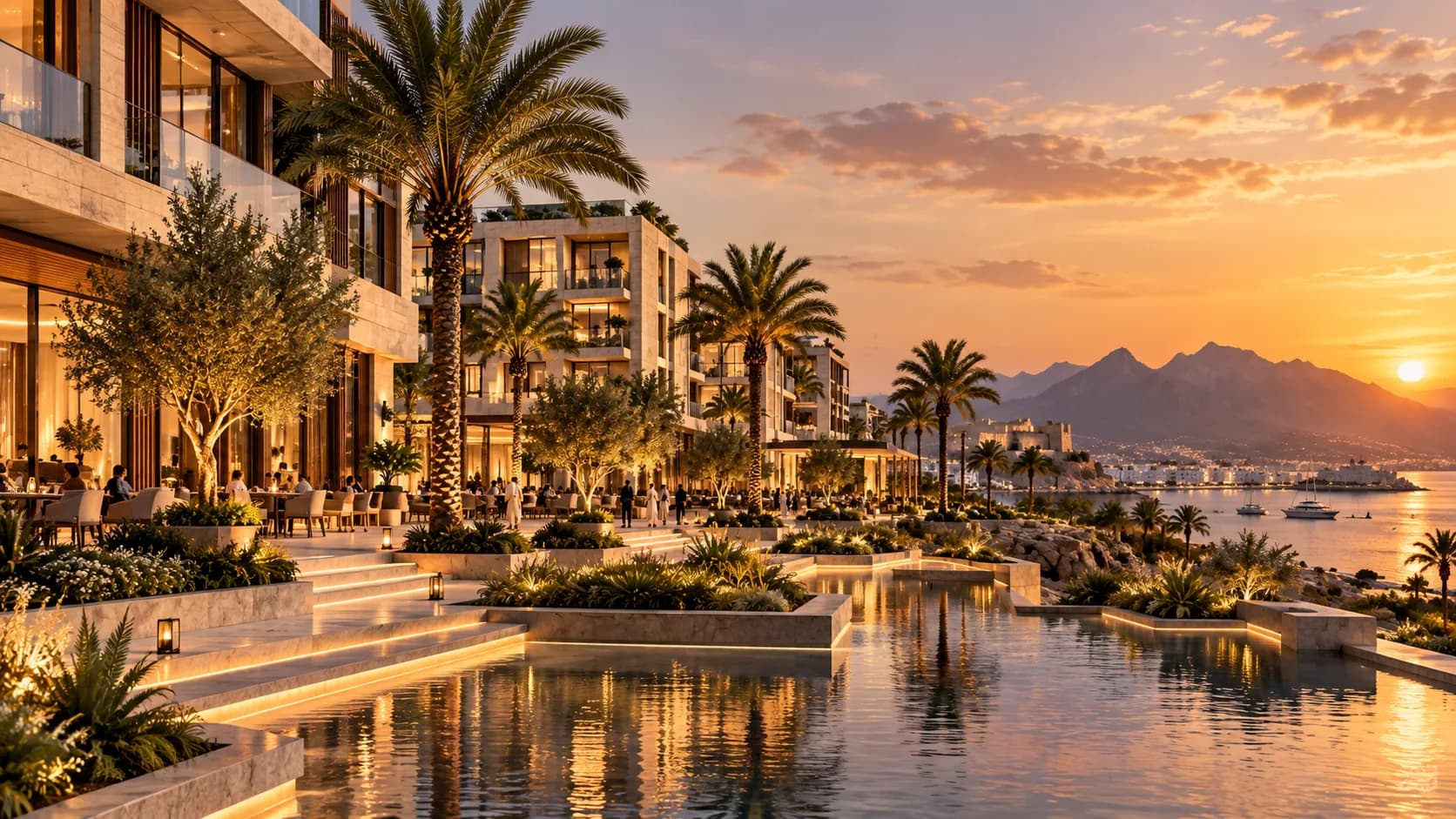 Residential tower among palm trees at sunset