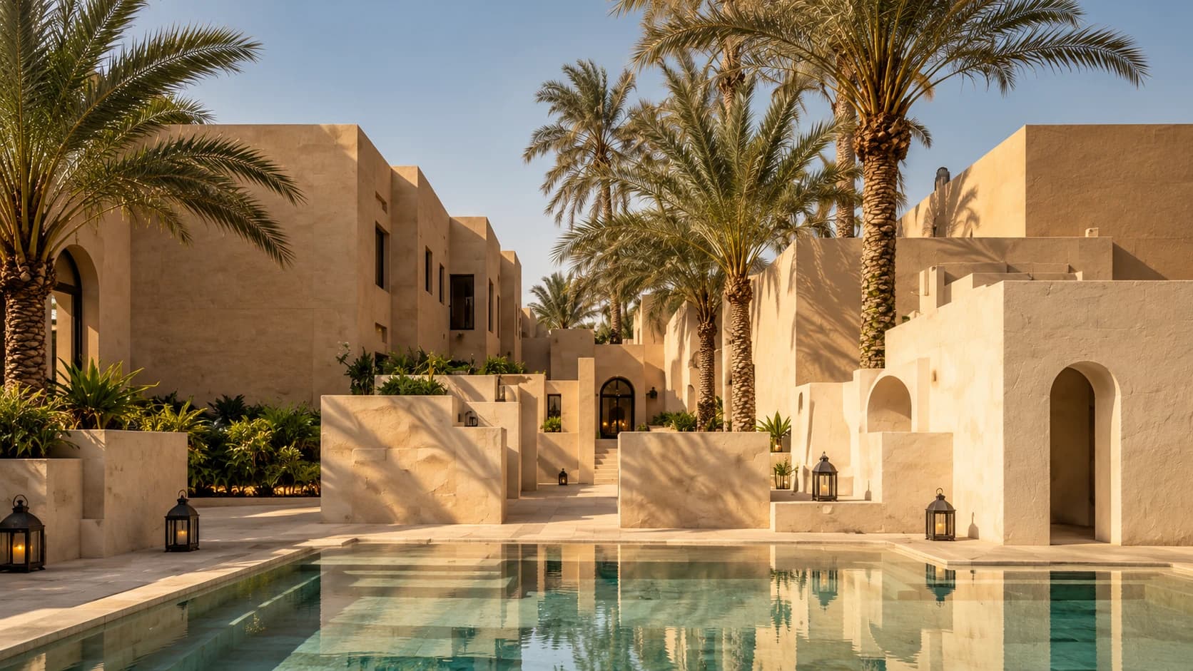 Sandstone chalets around a pool, shaded by palm trees