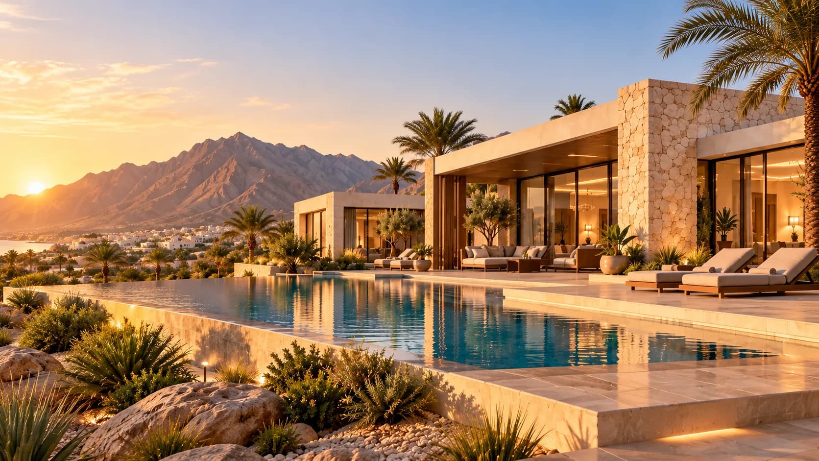 Modern villa with a pool below the mountains