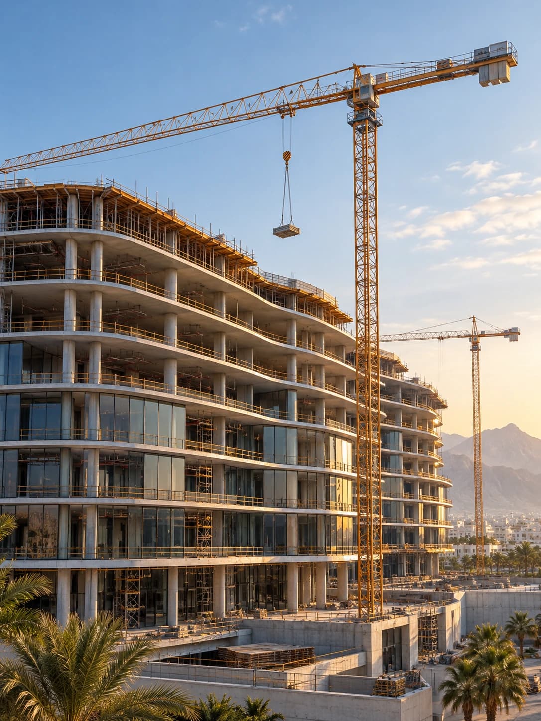 Building under construction with tower cranes